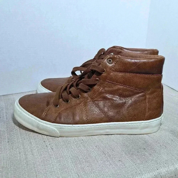 Old Navy Mens High Top Sneaker Cognac Shoes 8 Brown Upper Leather Lace Up 1994 - Picture 2 of 16